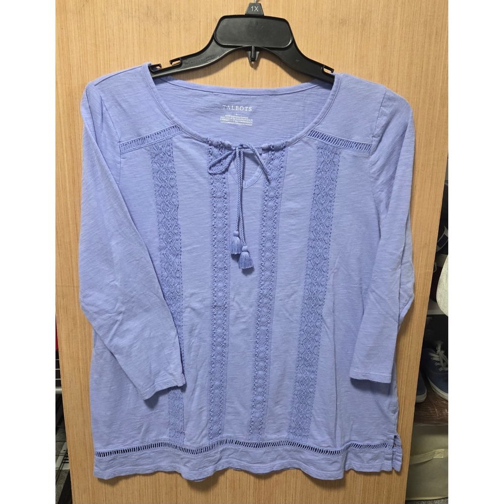 Talbots Sz L Ladies Lavender Purple Embellished Crochet‎ Detail 3/4 Sleeve Top